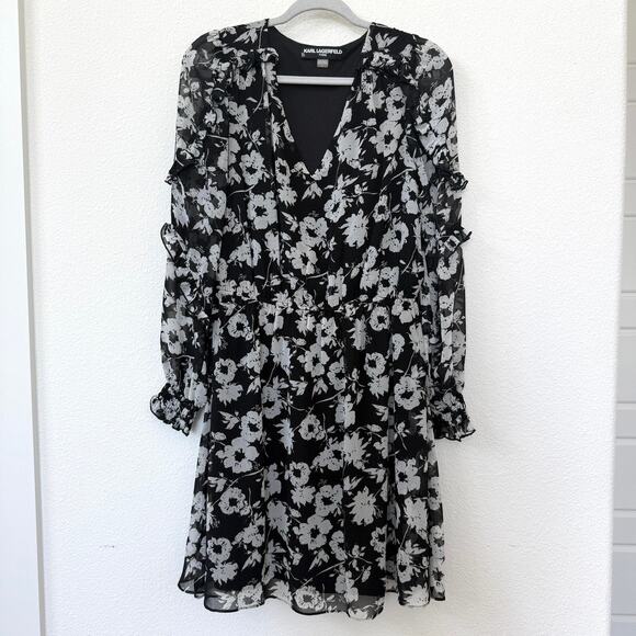 Karl Lagerfeld Dresses & Skirts - KARL LAGERFELD Paris Floral Dress Black White V-Neck Ruffle Mini NWT Size 8